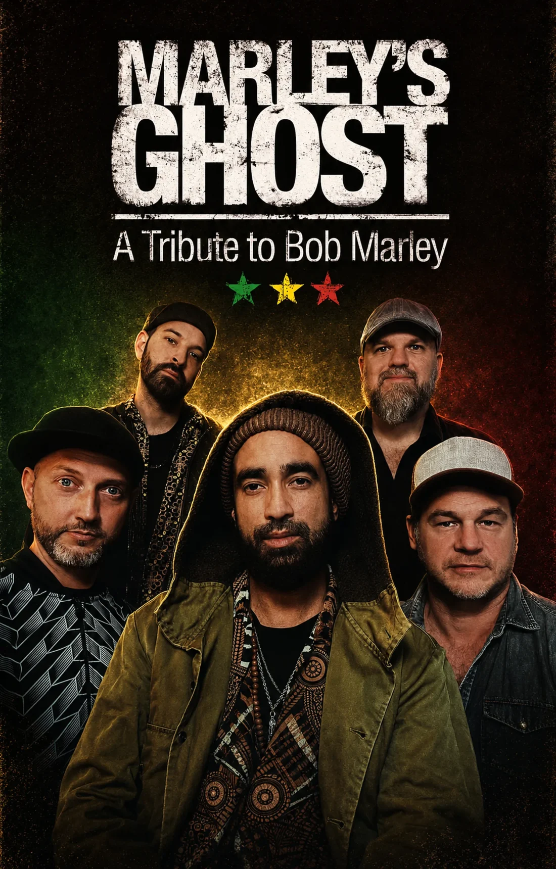 Marley’s Ghost – fünf Bandmitglieder vor einem Hintergrund in Grün, Gelb und Rot, darüber der Schriftzug „Marley’s Ghost – A Tribute to Bob Marley“